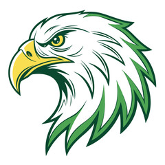Bold eagle head profile showcases green, yellow, and white feathers in a striking pose