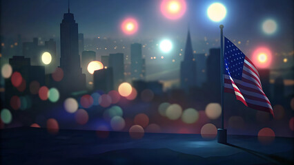 United States of America flag waving in the wind over the city at night 3D rendering