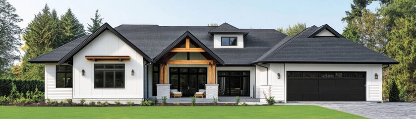 Modern Farmhouse with Black Roof and Garage Door, Home Exterior Design, Architectural Style House design, home improvement