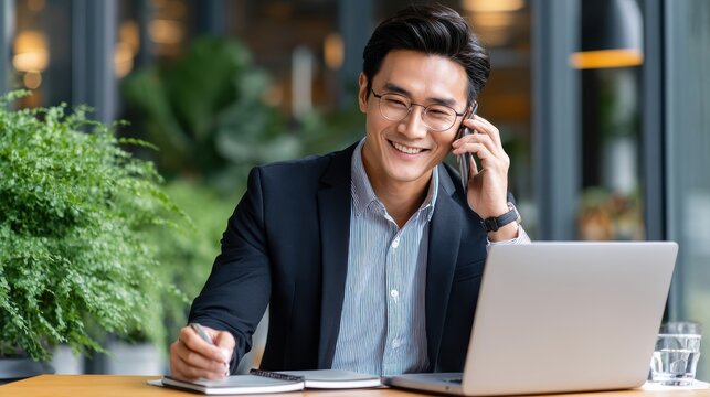 Smiling Businessman Engaging in Phone Conversation While Working on Laptop in Modern Workspace