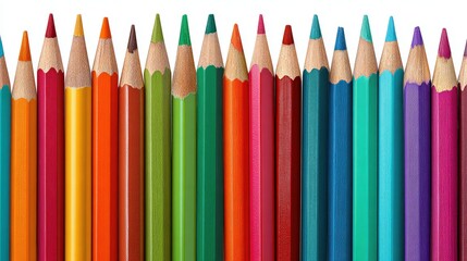 Fototapeta premium Assorted Vibrant Colored Pencils Arranged in a Row Ideal for Artistic and Educational Purposes