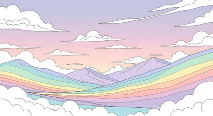 Minimal Pastel Rainbow Mountains and Clouds – Soft Aesthetic Fantasy Landscape Art