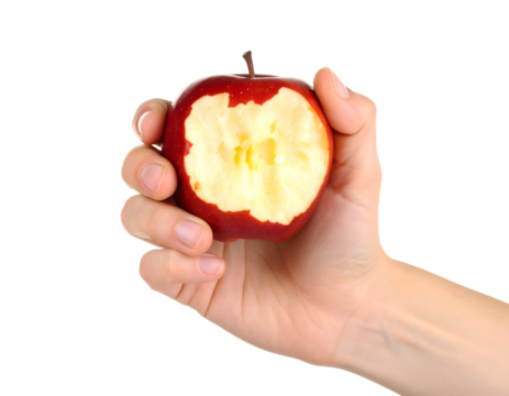Hand holding bitten red apple. Transparent background