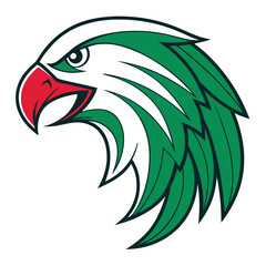 illustration shows a red beaked eagle head with green and white feathering
