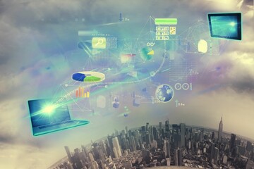 flat design laptop is projecting data beam over urban skyline with tablet, charts and icons