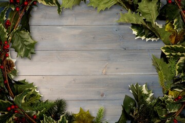 Holly twigs over wooden planks