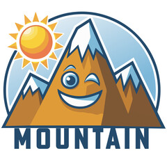 a cartoon mountain logo type vector with face and yellow sun background.