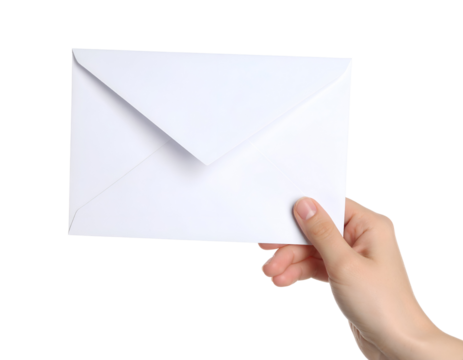 Hand holding a white envelope. Transparent background