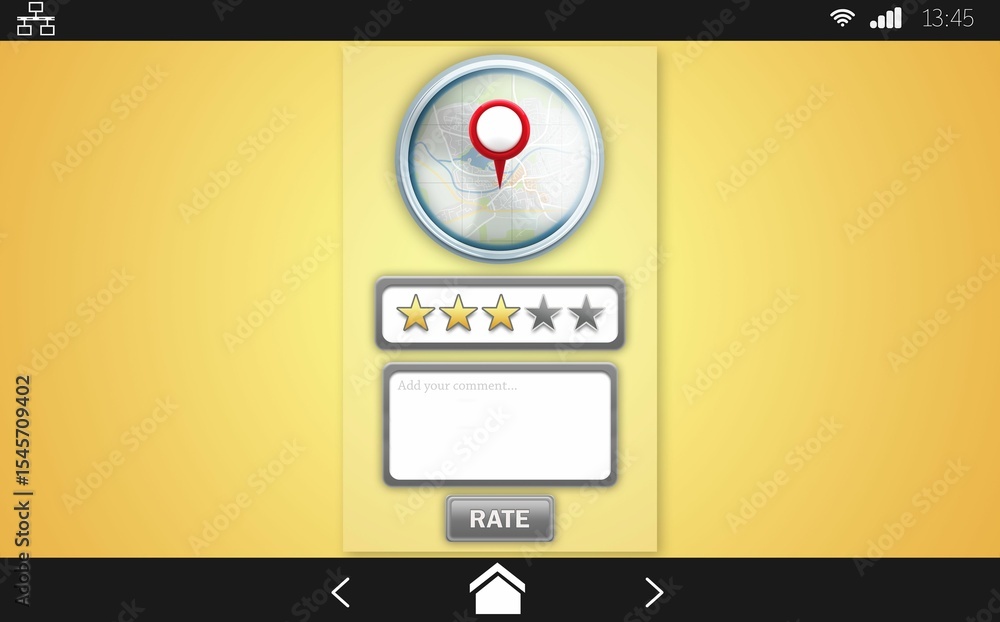 Poster smartphone rating panel is showing flat design with map icon, star rating, comment box, rate button