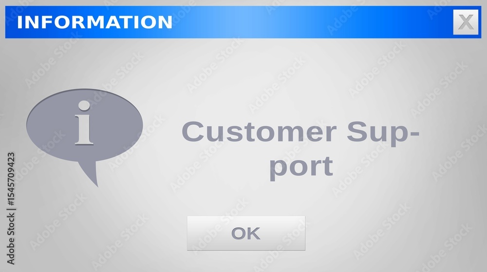 Poster image of information, customer support text and ok button on grey website window, copy space