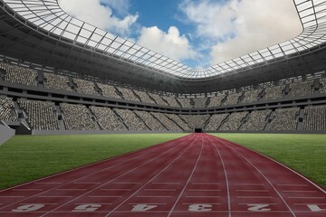 Red oval track stretching toward tunnel under stands amid grassy field in flat design, curved roof