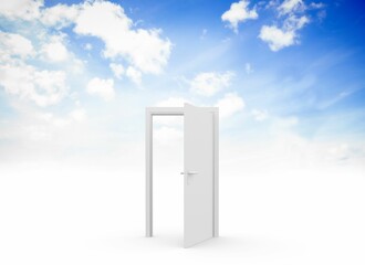 Obraz na płótnie Canvas White door frame is opening onto bright blue sky in flat design, merging ground with clouds
