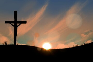 Cross religion symbol shape over sunset sky