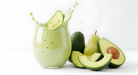 Avocado Smoothie Splash with Fresh Fruit, Healthy Green Drink, White Background.