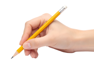 Hand holding yellow pencil ready to write or draw. Transparent background