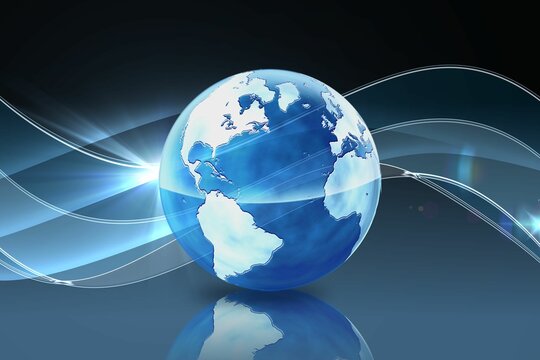 Fototapeta Futuristic render is showing blue Earth globe rotating on reflective floor with curved light trails
