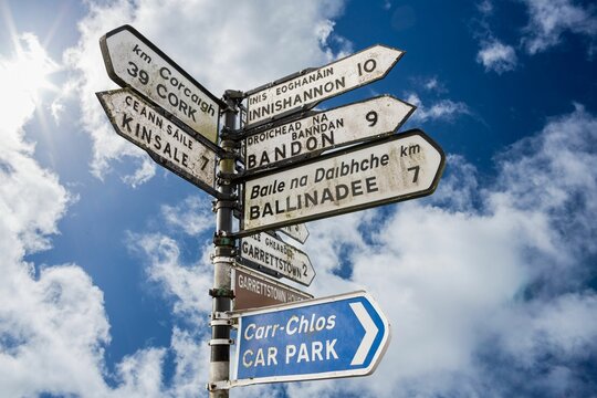 Fototapeta Sign posts with text against cloudy sky