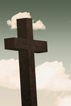 Weathered wooden cross is standing in flat design sky gradient scene with scattered white clouds
