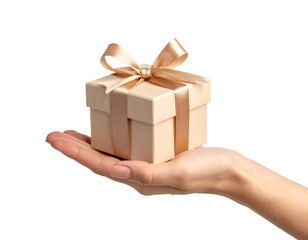 Hand holding small gift box with ribbon. Transparent background