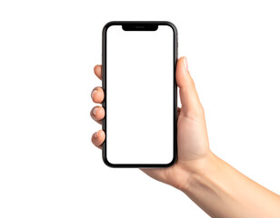 Hand holding smartphone with blank screen in a neutral background