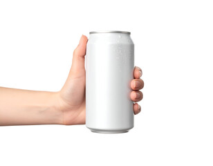 Hand holding a plain white can in natural light