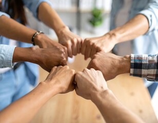 Diverse teams fist bump symbolizing unity and collaboration in a bright office setting