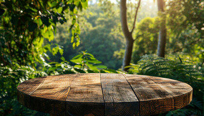 A wooden table sits in a lush forest with blurred green foliage in the background.