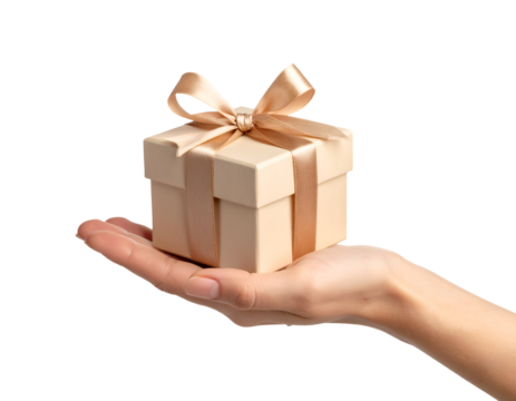 Hand holding small gift box with ribbon. Transparent background - Powered by Adobe
