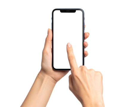 Hand touching smartphone screen with empty display. Transparent background
