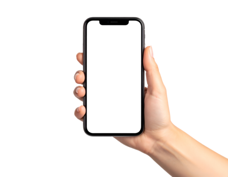 Hand holding smartphone with blank screen in a neutral background