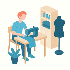 Flat Illustration of a Man Sewing Garment on a Sewing Machine