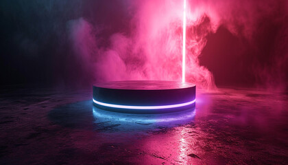 Neon Glow: Cyberpunk Podium with Pink & Teal Smoke