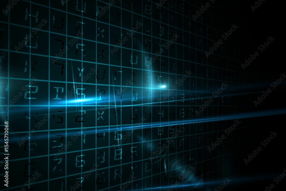 Poster glowing grid of alphanumeric characters is floating with blue beams over dark void in 3d interface