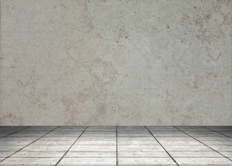 Empty space is being shown in flat design, featuring gray concrete floor tiles, plaster wall