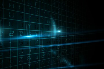 Glowing grid of alphanumeric characters is floating with blue beams over dark void in 3D interface