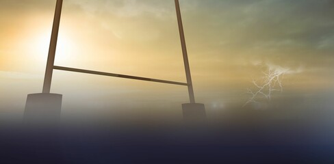 Flat design showing H-shaped goal post rising in fog with sun casting glow and lightning flashing