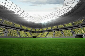 Flat design stadium illustration is showing green pitch crowded yellow green stands and floodlights