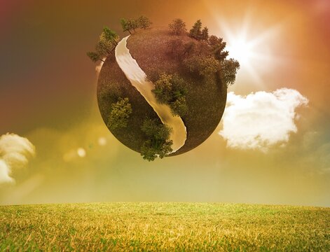 Fototapeta Futuristic earth floating in air