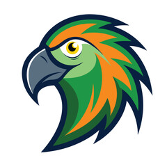 Vivid green parrot head profile displaying a fierce expression with striking orange and blue accents