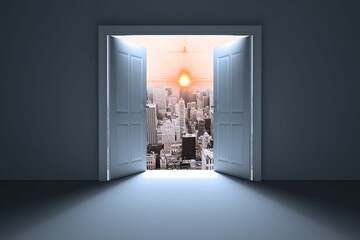 Obraz premium Cityscape seen from open door with orange lens flare