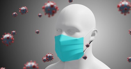 Covid-19 cells against human head model wearing mask