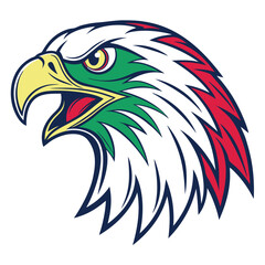 Eagle head features vibrant red, white, and green plumage in bold illustration