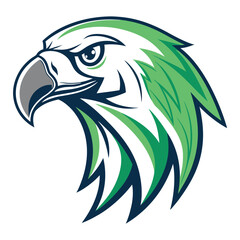 Majestic eagle head with green and dark blue feather accents shows powerful gaze