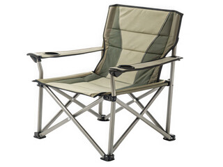 Beige and olive green camping folding chair with armrests, isolated