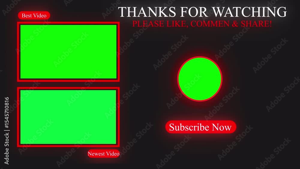 Poster youtube end screen template with green screen video boxes and subscribe button