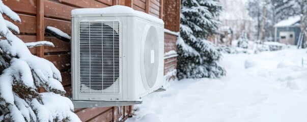 Snowy Outdoor AC Unit in Winter, HVAC system, cold weather ,heat pump, winter air conditioning