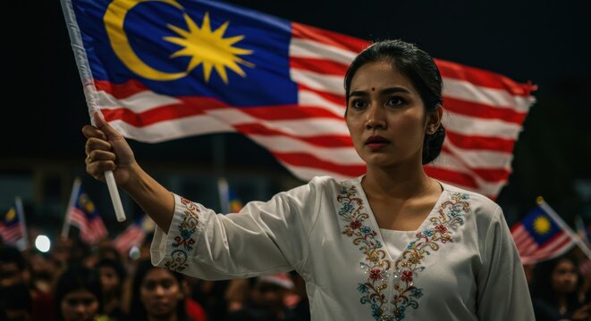 Malaysian Woman Holding National Flag at Night Rally: A Powerful Image of Patriotism and Unity