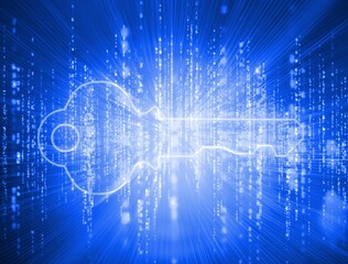 Fototapeta premium Glowing key on blue background