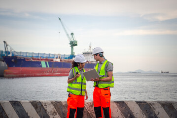 Engineers control worker at international ports in operation Worldwide Sea Ports and Shipping Ports
