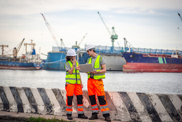 Engineers control worker at international ports in operation Worldwide Sea Ports and Shipping Ports